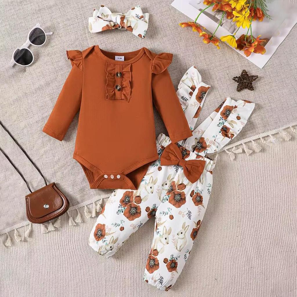 2022 Girls' Long Sleeve Top & Floral Overalls Three-Piece Set - Korean Spring/Autumn Style