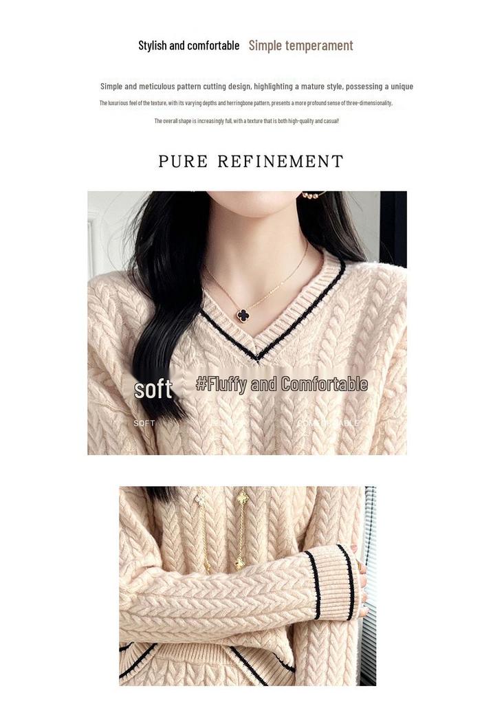Autumn Color Block V-Neck Cable Knit Sweater & Loose Casual Three-Quarter Pants Set