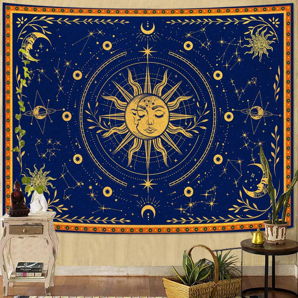 Boho Sun and Moon Tapestry, Colorful Celestial Starry Sky Mandala Print Wall Hanging for Bedroom Living Room Dorm Decor