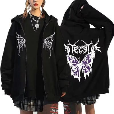 Vintage Schmetterlings-Print Reißverschluss-Hoodies Herbst Winter Damen Lässig Mode High Street Langarm Jacke Hoodies