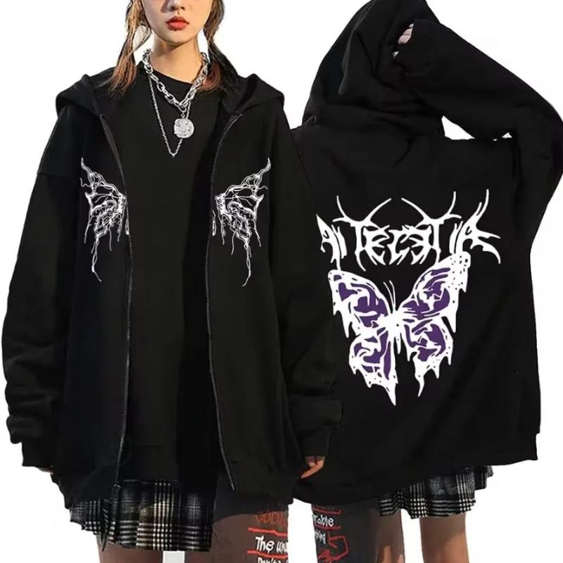 Vintage Butterfly Printed Zipper Hoodies Autumn Winter Women Casual Fashion High Street Long Sleeve Jacket Hoodies