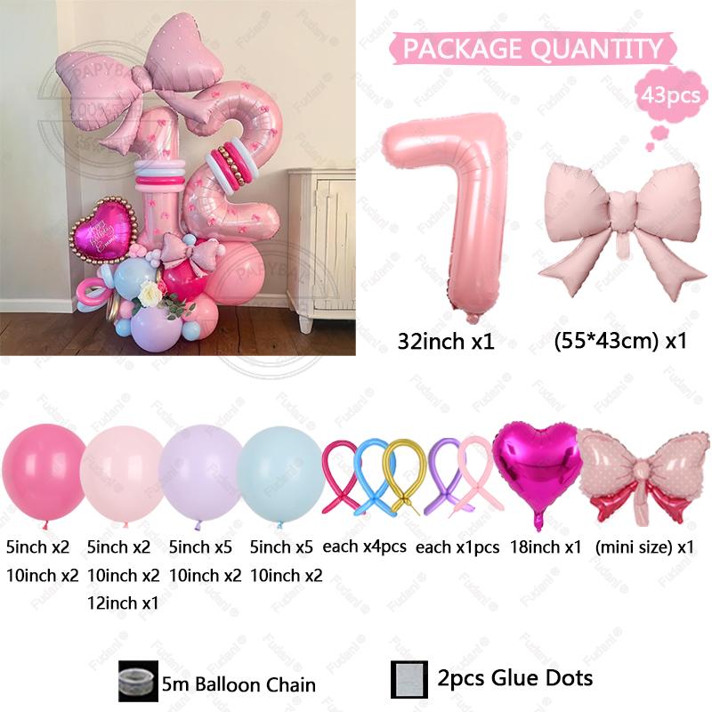 43PCS Pink Bow Theme Bouquet Balloon Set with 32inch Pink Number Girl First Birthday Party Decoration Baby Shower Helium Globos