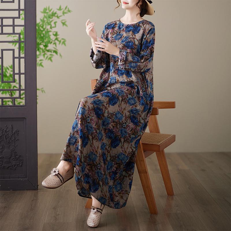 Plus Size Holiday Dress: Cotton & Linen, Printed, Round Neck, Loose Fit, Long Sleeve 3XL