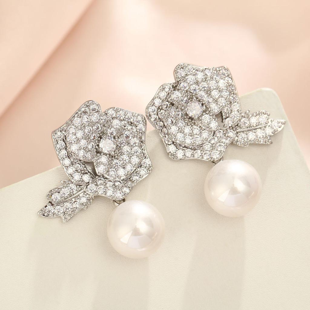 Geometric Pearl Drop Earrings With Cubic Zirconia For Elegant Women