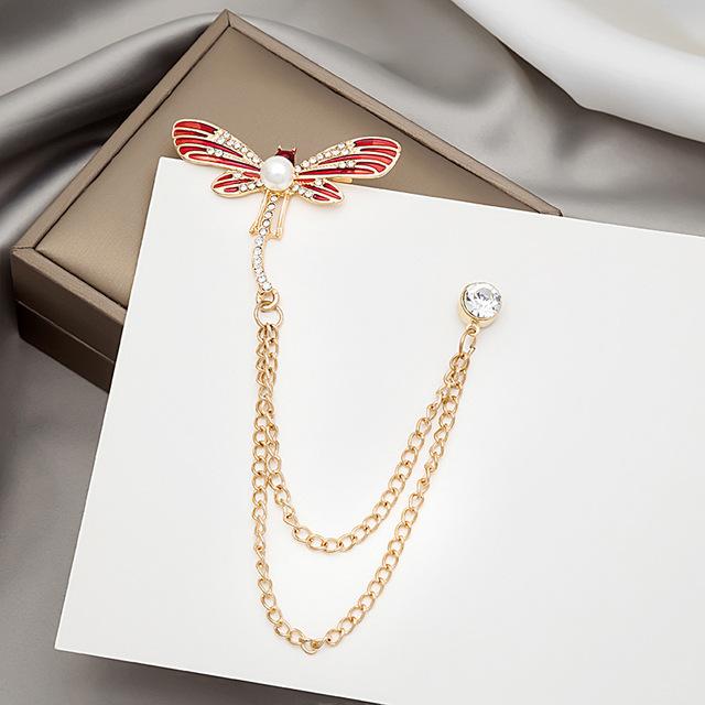 Retro Rhinestone Butterfly Pearl Brooches Dragonfly Insect Tassel Chain Enamel Pins Shirt Suit Corsage Stylish Jewelry Neutral StylishRetro Chain красный