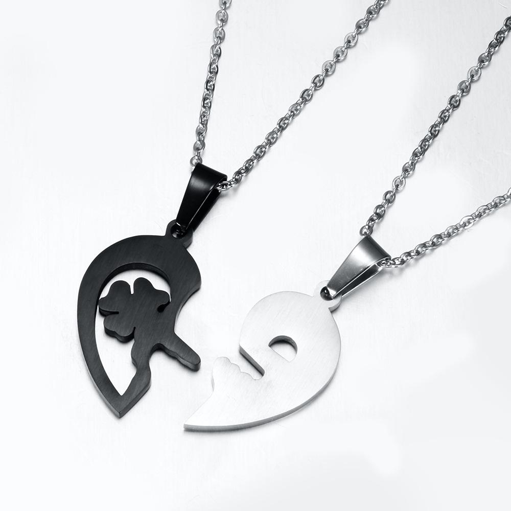 Qixi Valentine's Day Couple Heart Key Patchwork Black & White Matching Necklace
