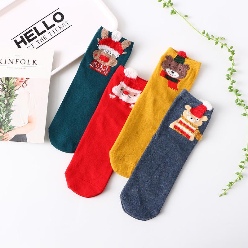 4 Pairs New Winter Cute Christmas Socks Three-dimensional Cartoon Decorative Cotton Middle Tube Socks Christmas Gift Socks Woman