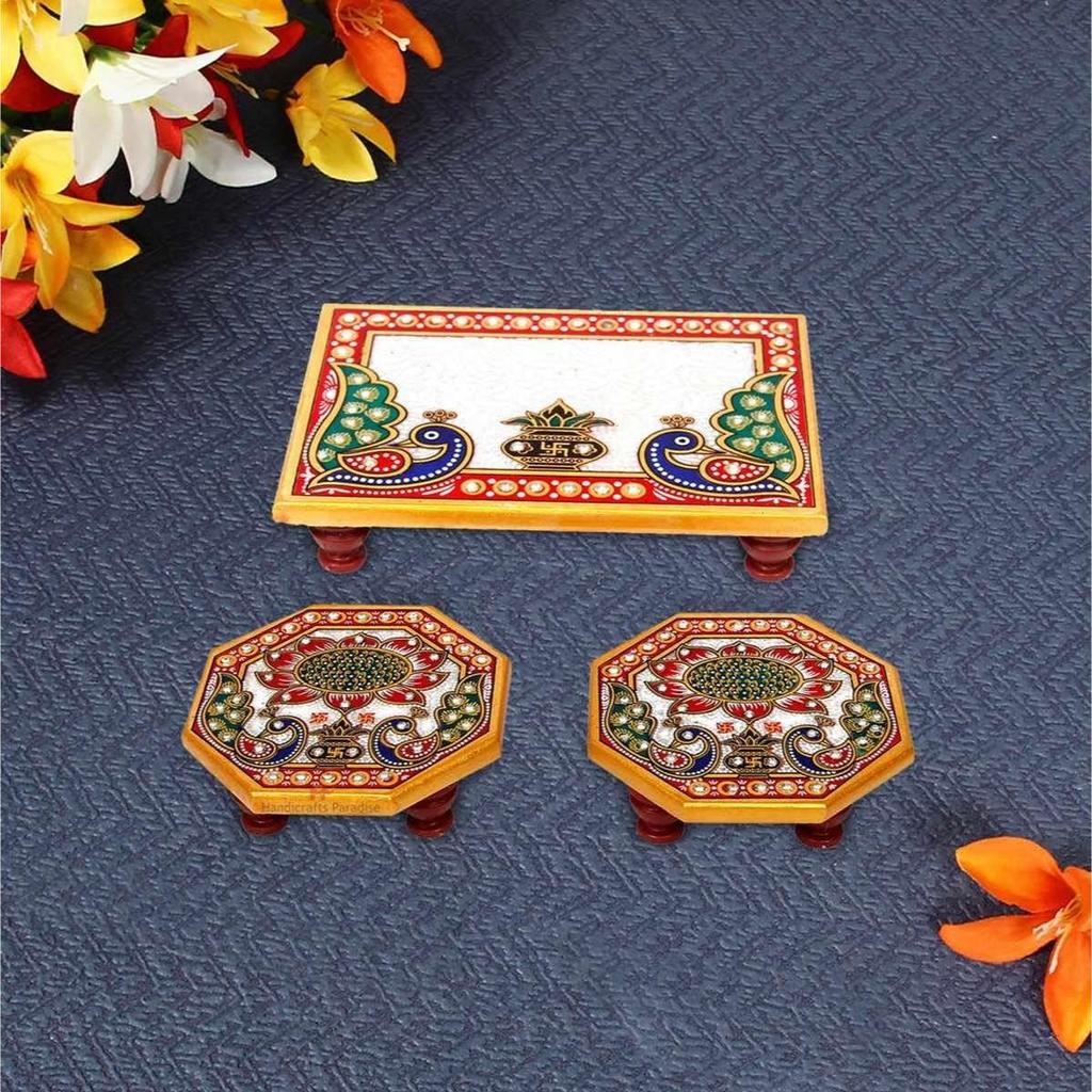 Handicrafts Paradise ( 6 x 4 & 4 x 4 inch, Set of 3Pc Marble Puja Chowki with Intricate Painting for Mandir, Idols Statues Pratima, Bajot