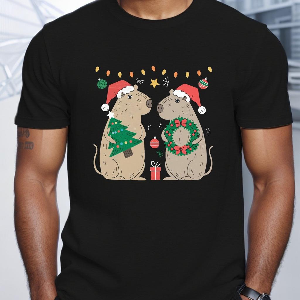 Festive Capybaras Christmas Graphic Tee Soft Cotton Casual Round Neck Short Sleeve TShirt for Men