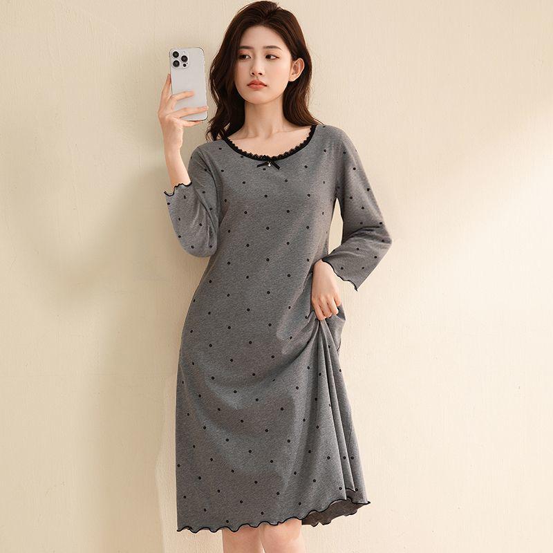 

Женская ночная сорочка с длинными рукавами, с нагрудными вкладышами, оборкой по низу, длиной до колена, свободного кроя, большого размера, из модальной ткани, весна/осень. XL (60-70 kg)