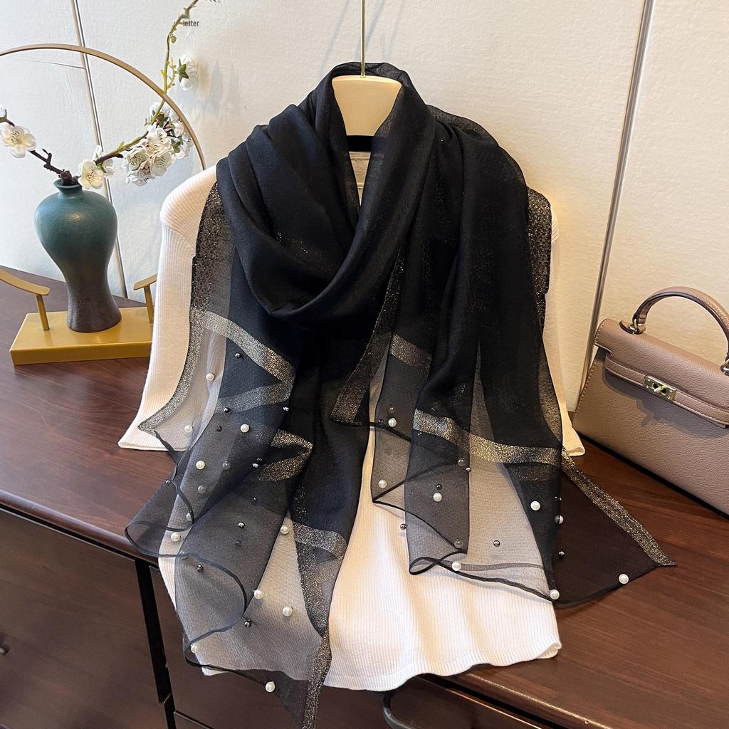 2025 Stylish Springsummer Beaded Faux Silk Sun Protection Shawl Scarf