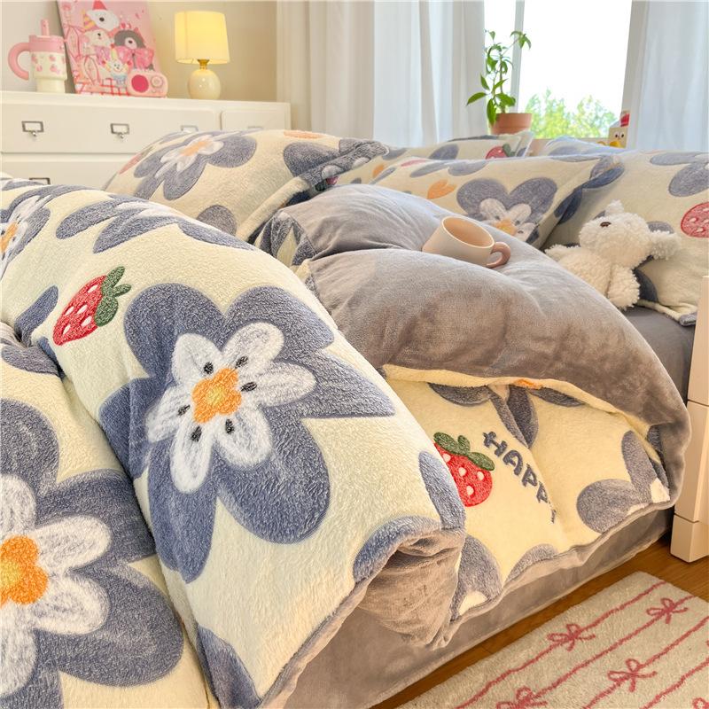 Snowflake Fleece Four-Piece Set, Thickened Milk Coral Fleece Quilt Cover, Double-Sided Fleece Quilt Cover, Bed Sheet, Bed Hat Three-Piece Set