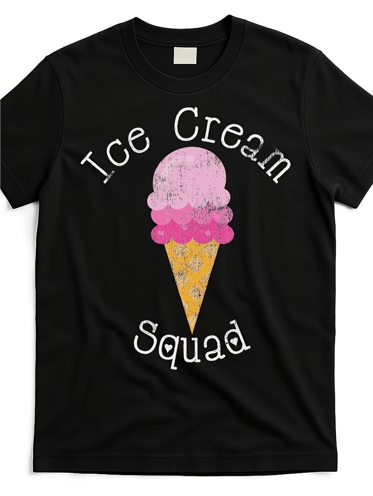Ice Cream Squad Graphic T-Shirt Black Street Trending Style Unisex Tee with Bo S разноцветный