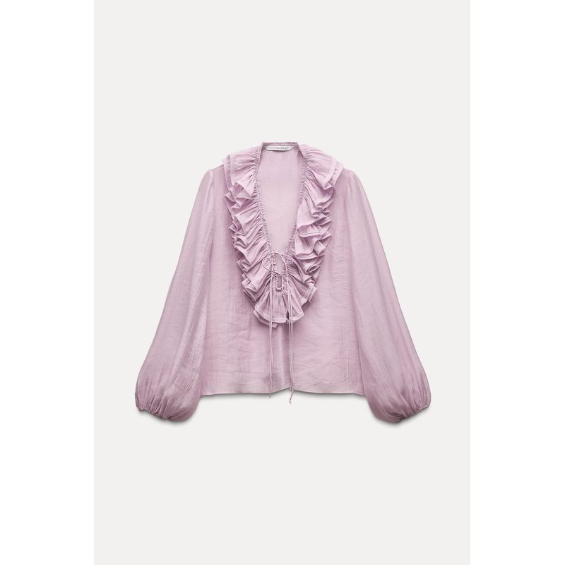 

Zaprha Fashionable Shoelace Drape Smock Top Deep V Neck French Ruffles Long Sleeves Shirt for Women 8544207 Purple L