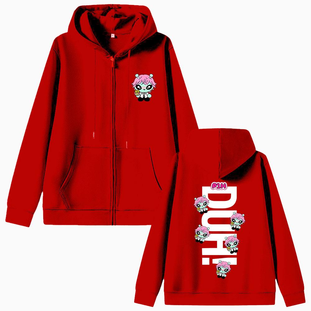 Korean Kpop P1Harmony  Duh Cartoon Style Print Zipper Hoodie Cat Funny Meme Zip Up Jacket Men Women Hip Hop Fashion Hoodies