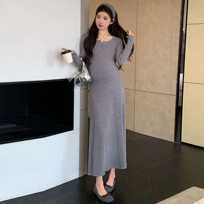 2026 Spring Korean Style Slimming Maternity Dress: Sweet, Flattering, Long, Pure Color, Belly-Covering L
