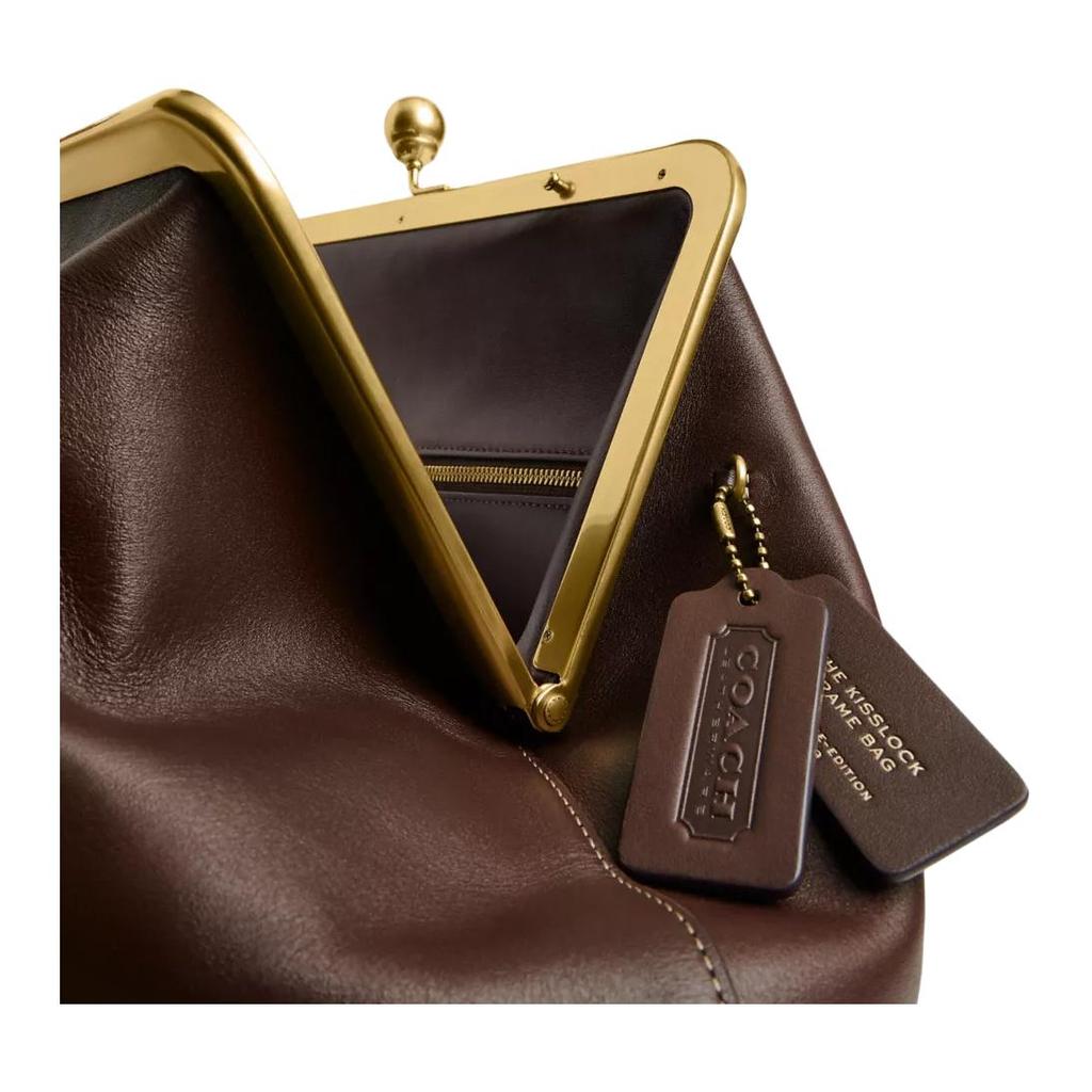 COACH Kisslock Leather Clutch Handbag Large Women's Dark Brown CBR51-B4DB