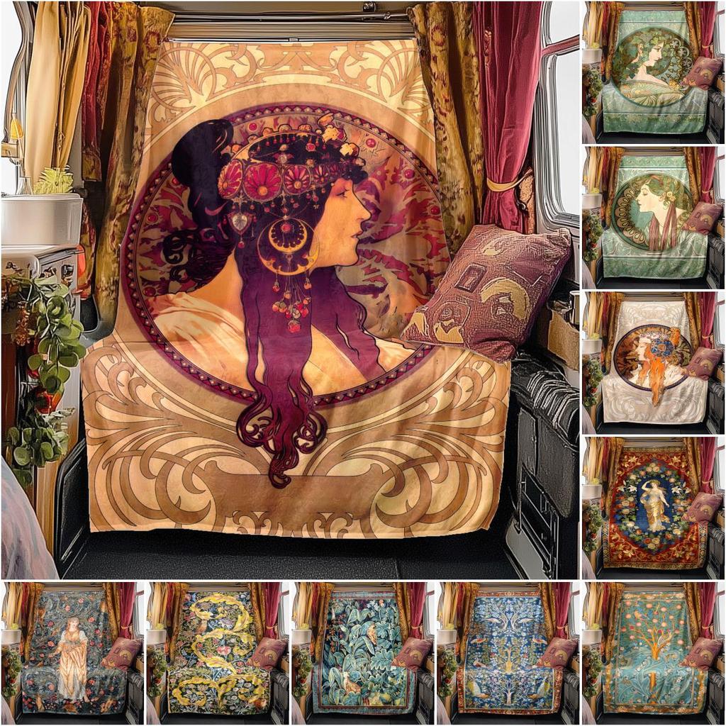 1pc Alphonse Mucha and William Morris Blanket, Al Season Lightweigh Poster Blanket Home Office Outdoor Nap Multifunc Poster Blanketional Blanket