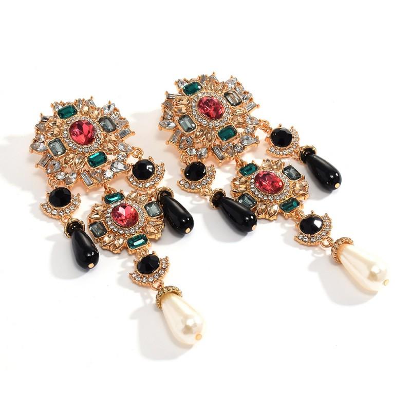 Elegant Baroque-Style Statement Earrings With Full Rhinestone Pearl Accents VintageInspired Alloy Drop Women