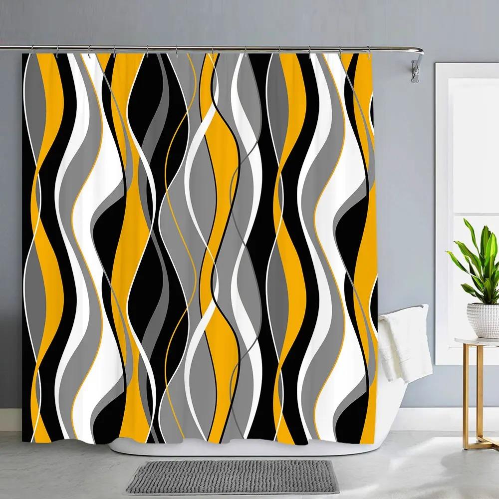 Black and Grey Shower Curtain, Gray White Abstract Modern Bathroom Decor Waffle Weave Textured Fabric Shower Curtains With Hooks