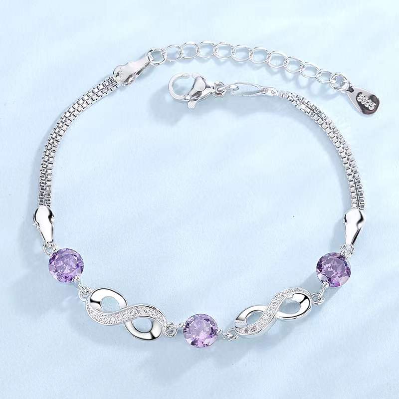 Trendy 925 Sterling Silver Infinity Charm Bracelet for Women Purple Crystal with CZ 8"Shaped Bracelet Engagement Jewelry Gift