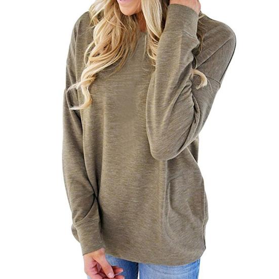 חולצת טי-שירט רפויה לנשים, צבע אחיד, שרוולים ארוכים, עם כיסים, טוניקה רפויה, סתיו