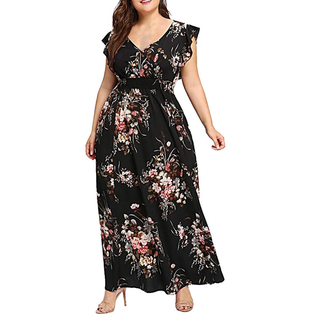 Women's Casual Floral Print V-Neck Ruffle Sleeveless Plus Size Dress Long