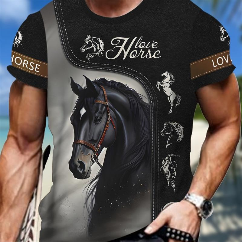 3D Majestic Horse Printing Round Neck Street Fashion T-Shirt Three-Dimensional Printing Horse Men's Creative Short-Sleeved Round