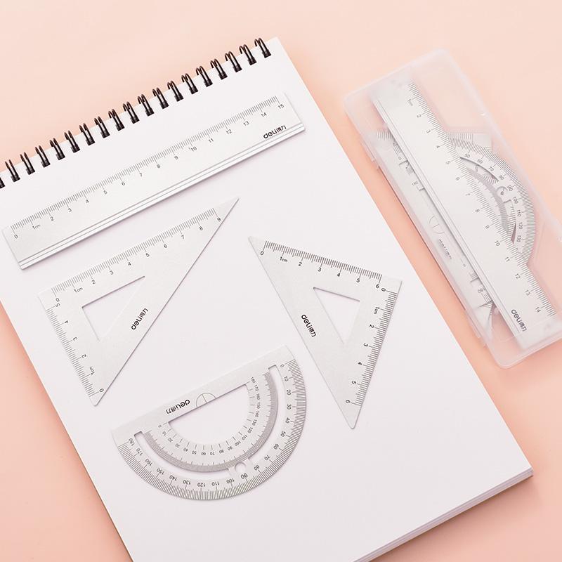 DELI Metal Ruler 20cm Set Stationery for Students Straightedge Triangle Ruler with Wave Line Protractor, Compass Triangle Plate