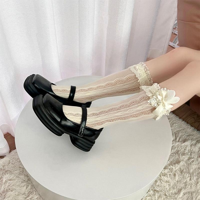 Womens Girls Ballet Style Bow Lace Knee Highs Cute Sheer Socks Mesh Fishnet Stockings Nylon Sweet Lolitas Calf Socks