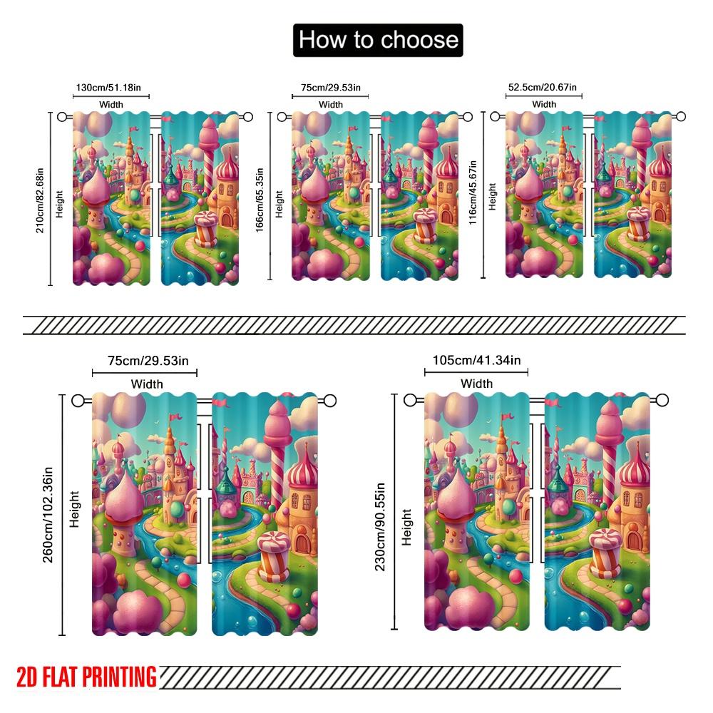 2pcs,2D Plane Printing Popular Curtains Candy Castle Sweet Dreamscape (2) Durable 100% Polyester Fabric (without Rod) Versatile