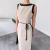 2025 Autumn Women's Colorblock Sleeveless Crew Neck Tie-Up Slit Dress
