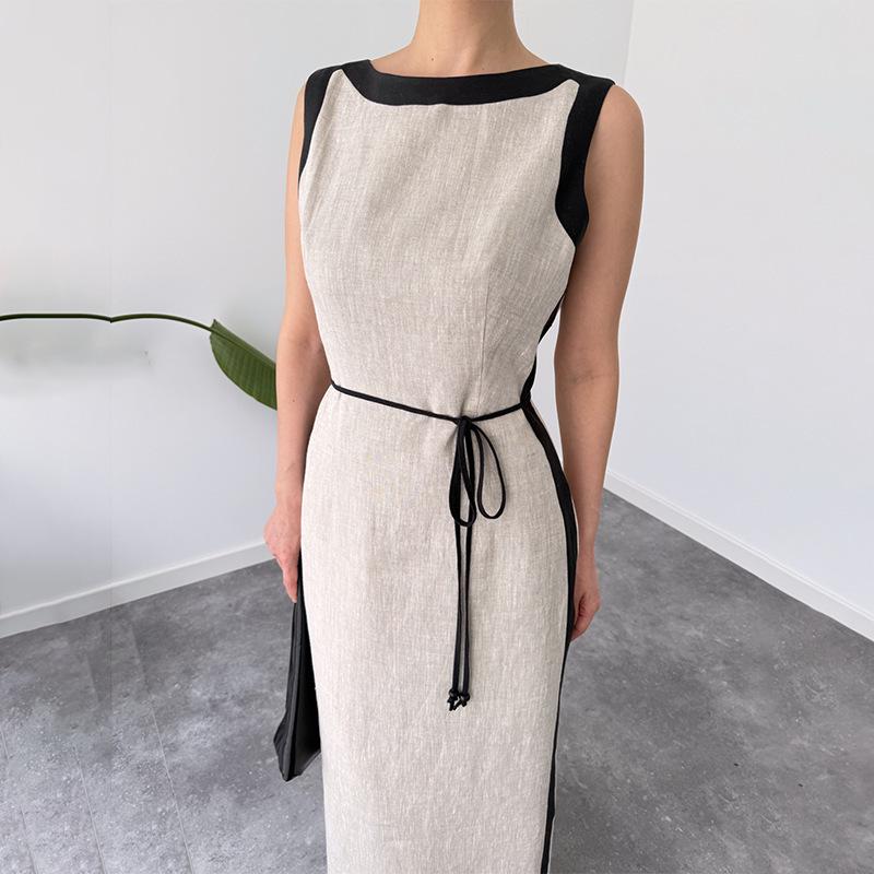 2025 Autumn Women's Colorblock Sleeveless Crew Neck Tie-Up Slit Dress