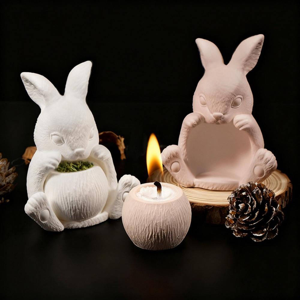 Creative Rabbit Shape Hollow Candle Holder Silicone Mold Cute Easter Bunny DIY Candle Jar Cup Resin Mold Candlestick Vase Making