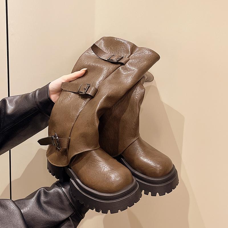 Fashion Designer Women's High Boots Chunky Fad Knee High Shoes Winter 2025 Chelsea Boots New Trend Goth Leather Motorcycle Mujer Botas