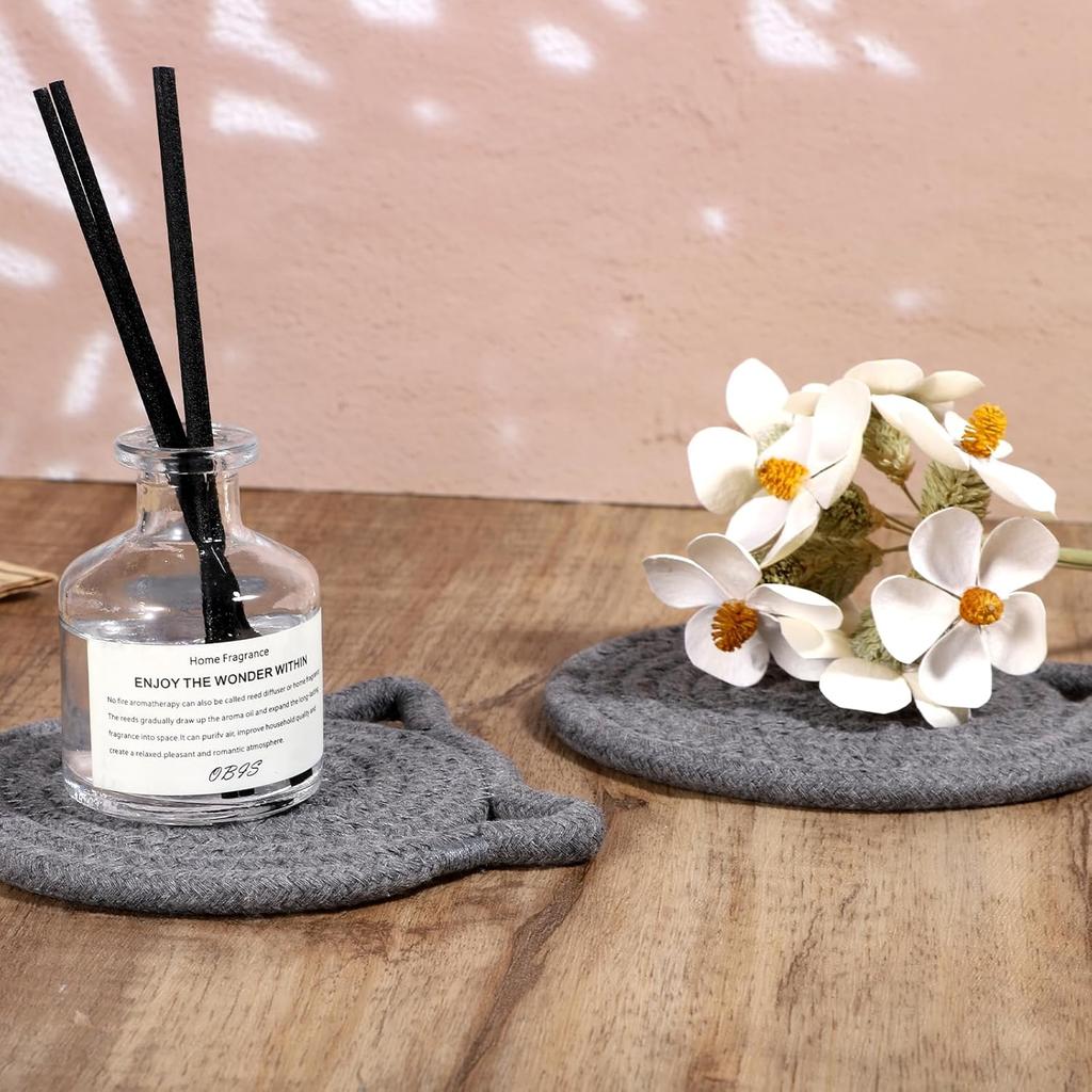 2 PCS Cute Coasters, Absorbent Fabric Mug Pads Cat Ear Shape Large Size Coasters for Drinks Handmade Braided Cotton Coaster for Wooden Table Tabletop