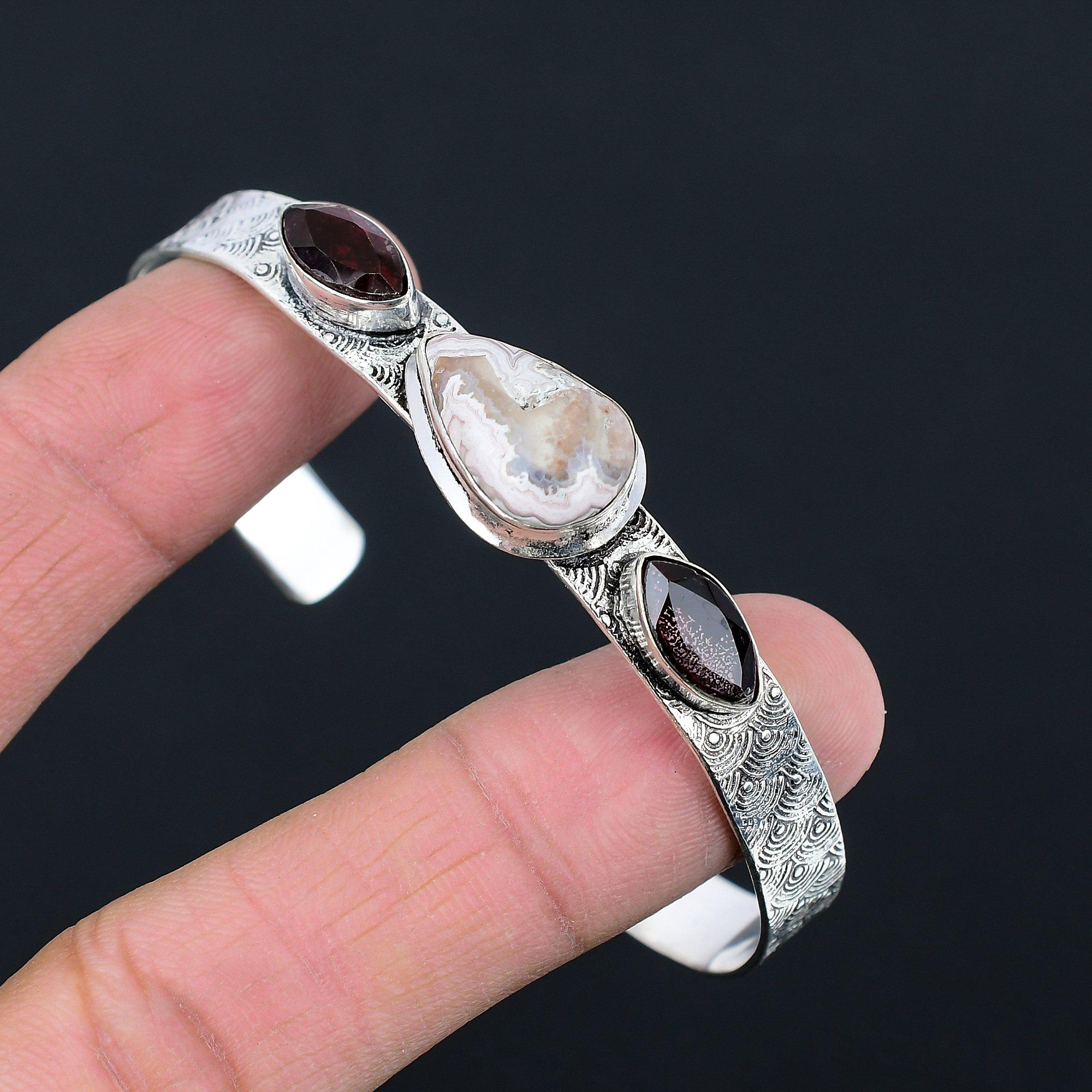 

Crazy Lace Agate Stone Garnet 925 Sterling Silver Anniversary Bangle Bracelet Adjustable