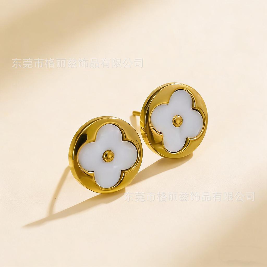 18K Gold Titanium Steel Non-Fading Four-Leaf Clover Earrings, Minimalist Women's Stud Earrings