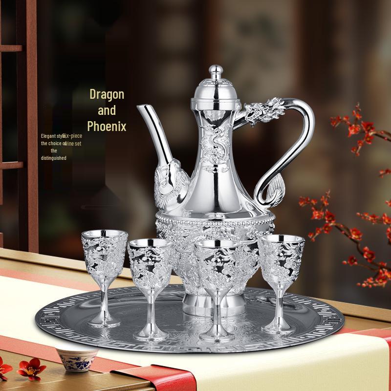 Dragon & Phoenix Wine Set: Silver Pot, Silver-Plated & Gold-Plated Cups, Five-Piece Set in Leather Box.