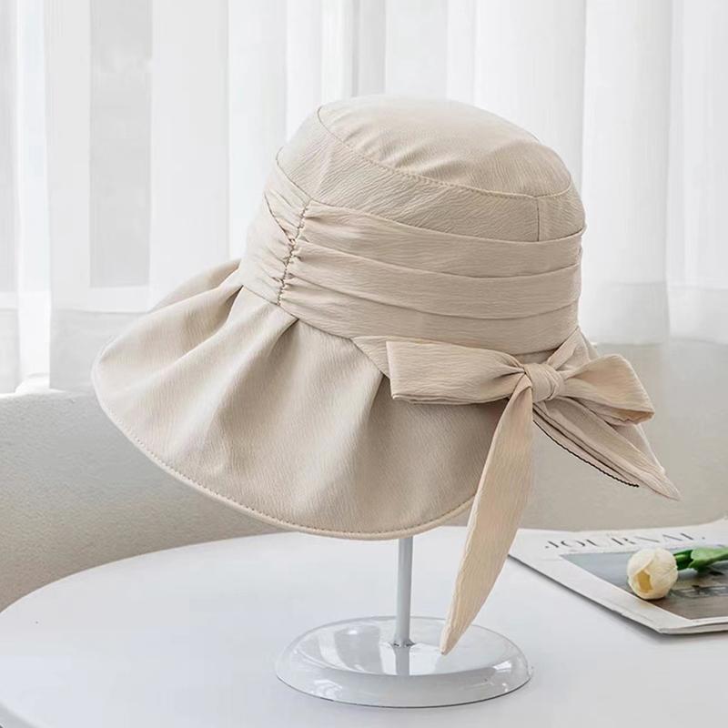 Summer Vinyl Women Fisherman Hat Solid Color Bow Wide Brim Bucket Hats For Ladies Travel Outdoor Sun Protection Cap