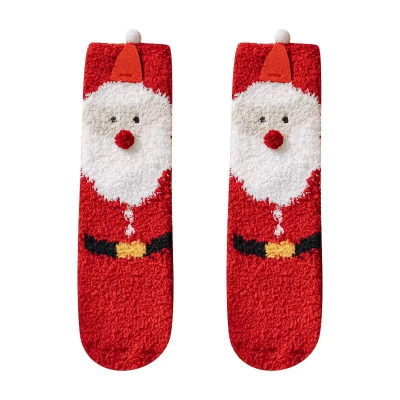 Herbst- und Winter-Weihnachtssocken für Damen: Nicht fusselnde Korallenfleece-Socken, Verdickte warme Cartoon-Halbfleece-Mittelwaden-Socken, Bodensocken
