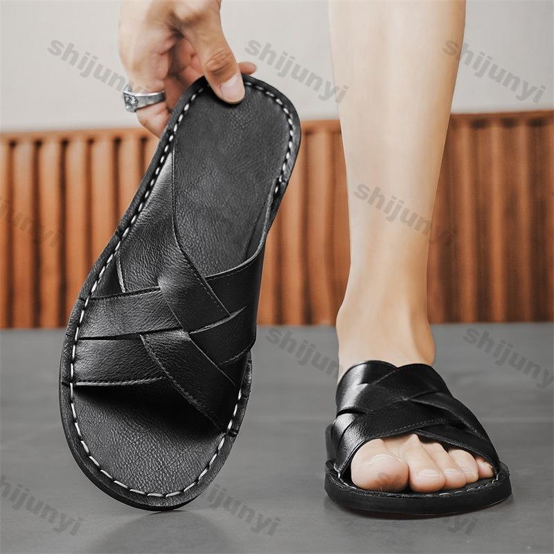 Fashion Summer Men's Plus Size Shoes 2025 Outdoor Breathable Open Toe One Word Slippers Comfortable Lightweight Flat Casual Slippers