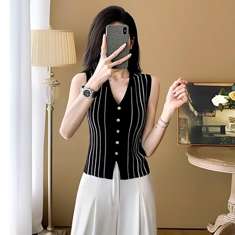 Summer Retro Striped V-Neck Sleeveless Single-Breasted Knitted Vest For Women
