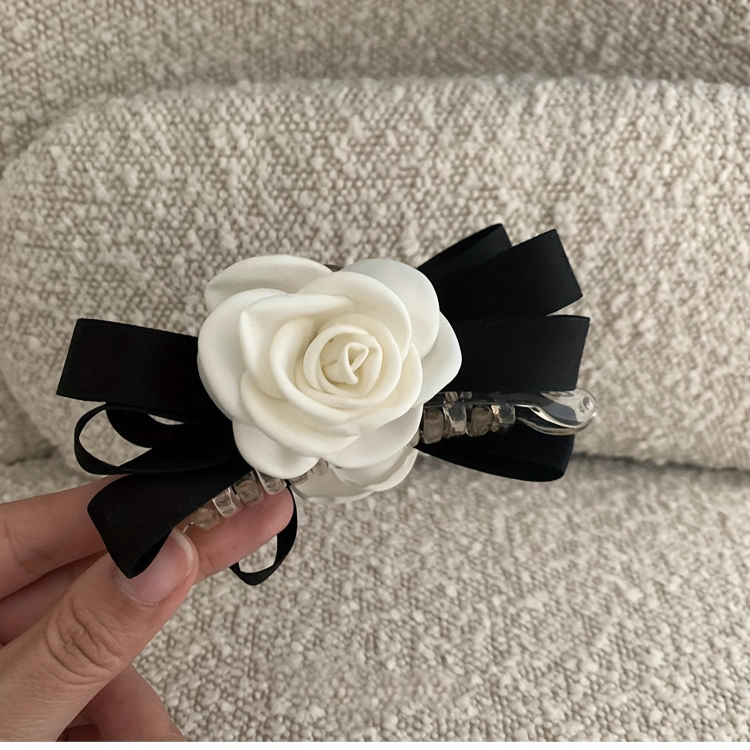 

Элегантная заколка-краб для волос с белым цветком камелии и черным бантом - Пластик, Большой размер, Аксессуар для дня рождения, фестиваля