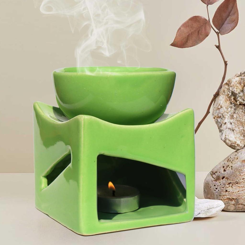 Ceramic Clay Candle Operated Aroma Burner Oil Diffuser, Extra Large Bowl, with 1 Tealight, 4.25 Inch, (Green)