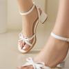 Women Ankle Strap Sandals Round Toe Block Mid Heels Buckle Bow Ladies Fashion Casual Shoes Summer Black White Pink 45
