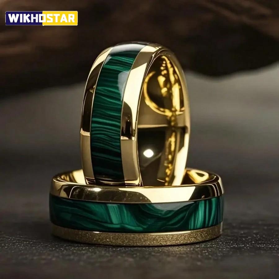 Fashion 8MM Gold Color Stainless Steel Rings For Men Domed Green Abalone Shell Inlay Rings Wedding Engagement Jewelry Gift