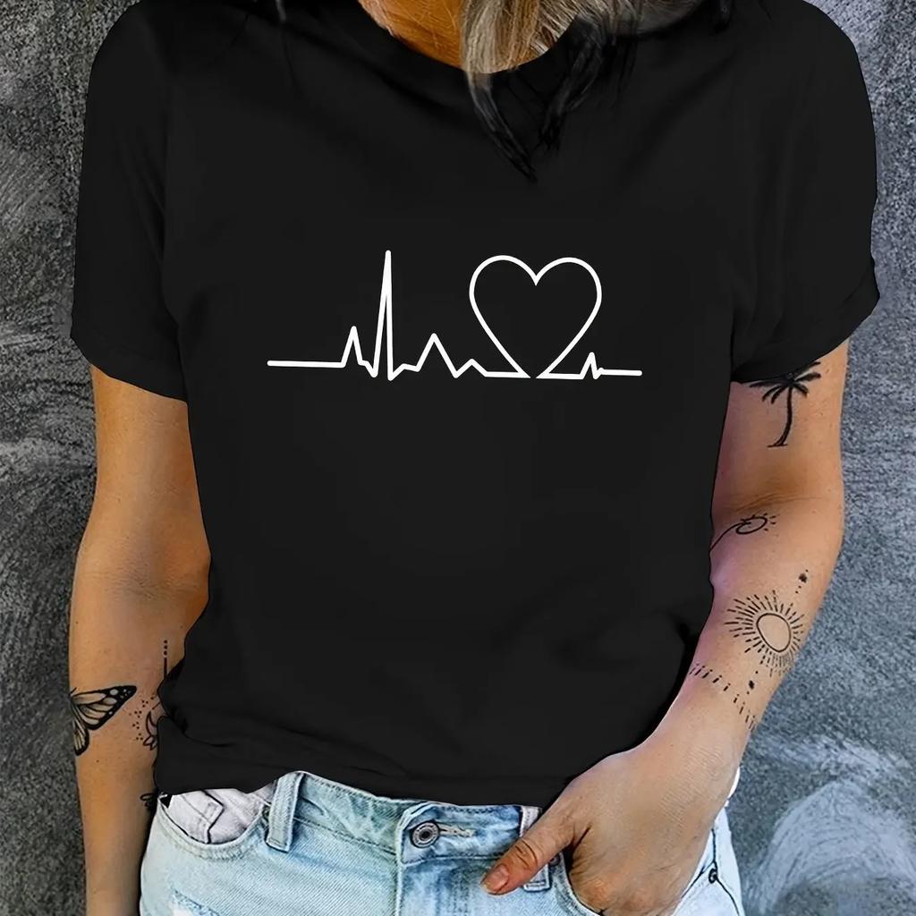 Women's T-shirt Heart-shaped Pattern Printing Summer Clothing Round Neck Short Sleeve Summer Sleeved Harajuku Streetwear Tops