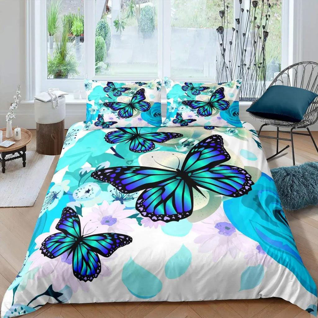 Rose Flowers Duvet Cover Set Butterfly Garden Bedding Sets Girls Women Floral Fresh Nature Blooming Rose Comforter Cover 3 Pcs