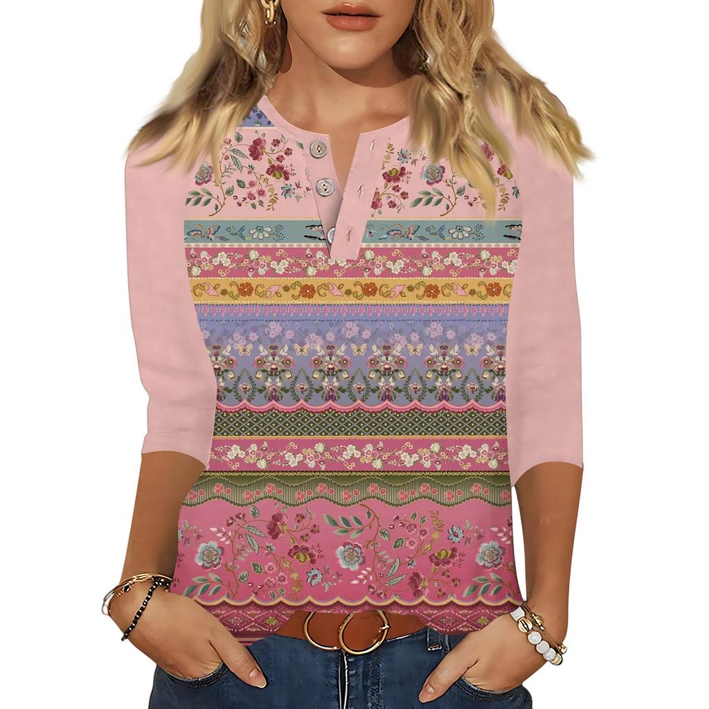 Women's Tops Three-quarter Sleeve V-neck Button Printed Imitation Cotton T-shirt
